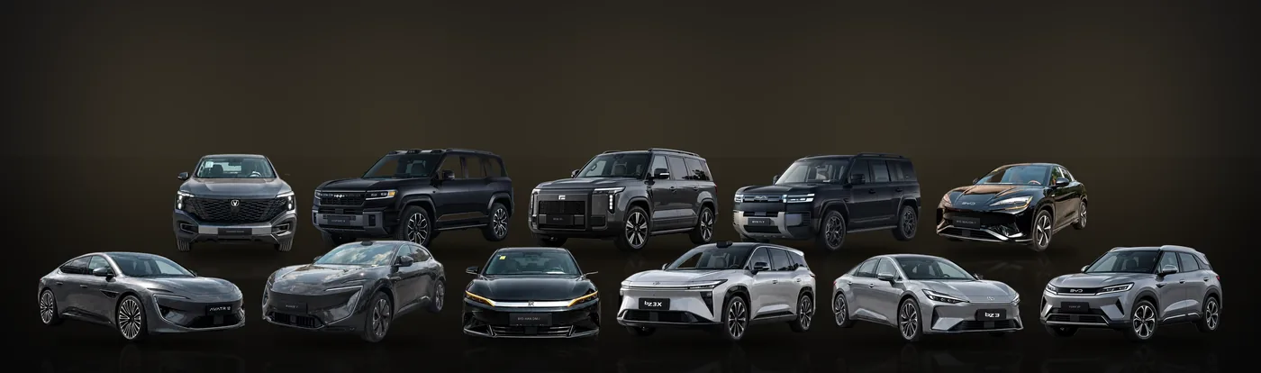 Our cars together: BYD Leopard 7, Avatr 12, Avatr 07, BYD Han DM-i, BYD Sealion 7, Toyota bZ3X, Toyota bZ3, Changan Hunter 4x4, BYD Leopard 8, ROX 01, BYD Yuan Up